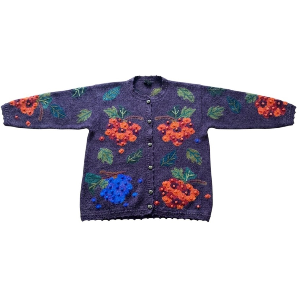 Factoria Perez Baby Alpaca Hand Made Purple Fruit Popcorn Knit Cardigan Peru